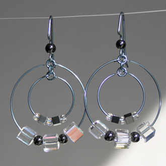 AB Crystal Cubes and Hematite Rounds on Steel Blue Hoops