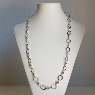 Chain of Hammered and Oxidized Rings with Argentium Silver Beads